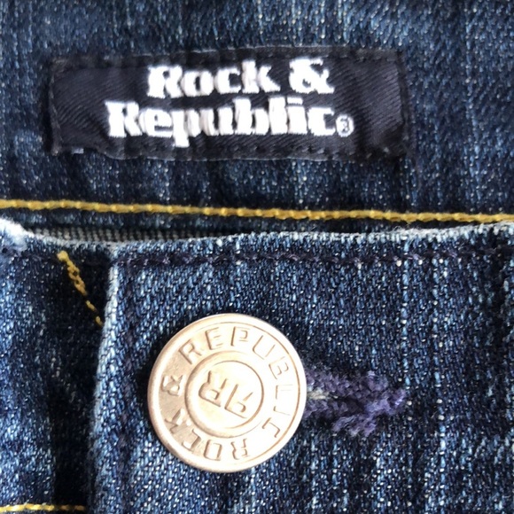 Rock & Republic Y2k 2000s Dark Wash Neon Yellow Low Rise Cropped Jeans Capris 28 - Picture 7 of 10